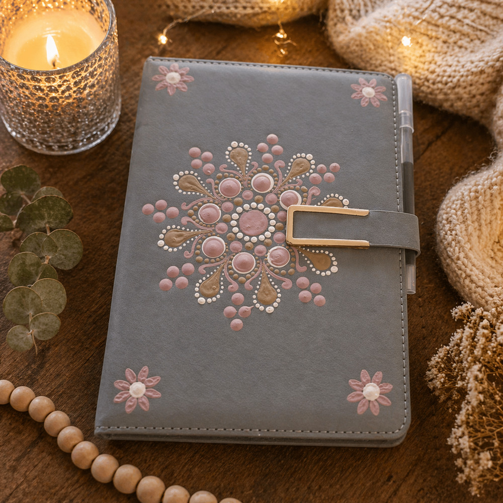 Handpainted Faux Lambskin Journal 8” x 5.5” Mandala – Magnetic Closure Notebook